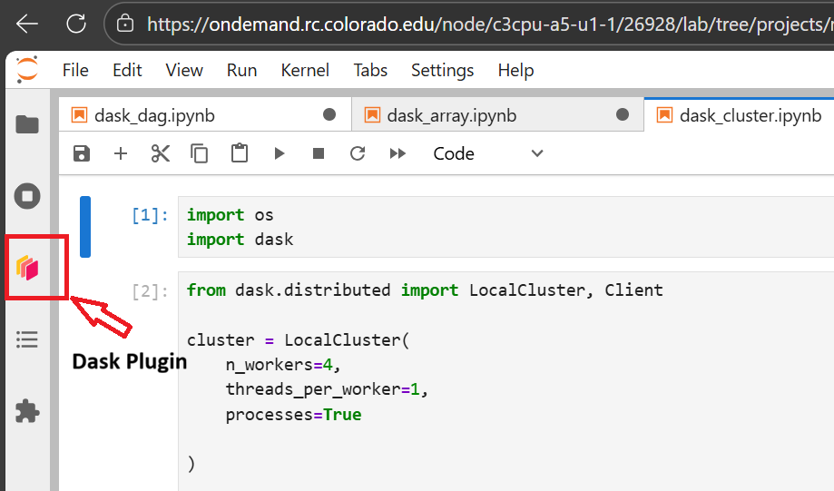 Screenshot of a JupyterLab interface showing the Dask extension icon located in the left sidebar alongside notebook and file browser icons and displaying a code snippet for starting a local cluster on the right. Described under the heading Step 4: Use the Dask Extension.