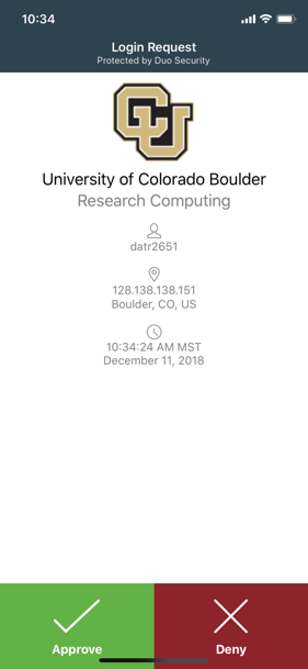 A Duo Security login request showing the username, location and time details, and options to approve or deny the request.