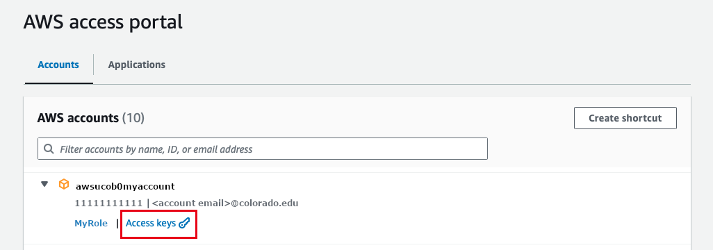 AWS SSO account and role selection page with "Access Keys" circled in red